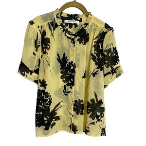 Samsoe Yellow Black Ruffle Rosella Sleeve Floral Blouse Medium